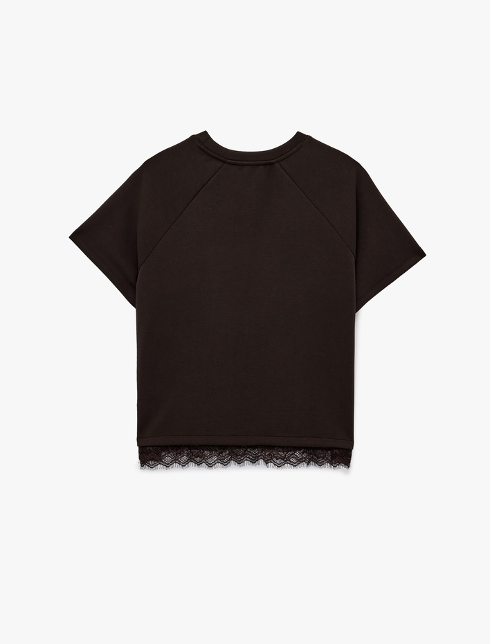  Modal Kumaş Kısa Kollu Bisiklet Yaka Dantel Detaylı Tişört