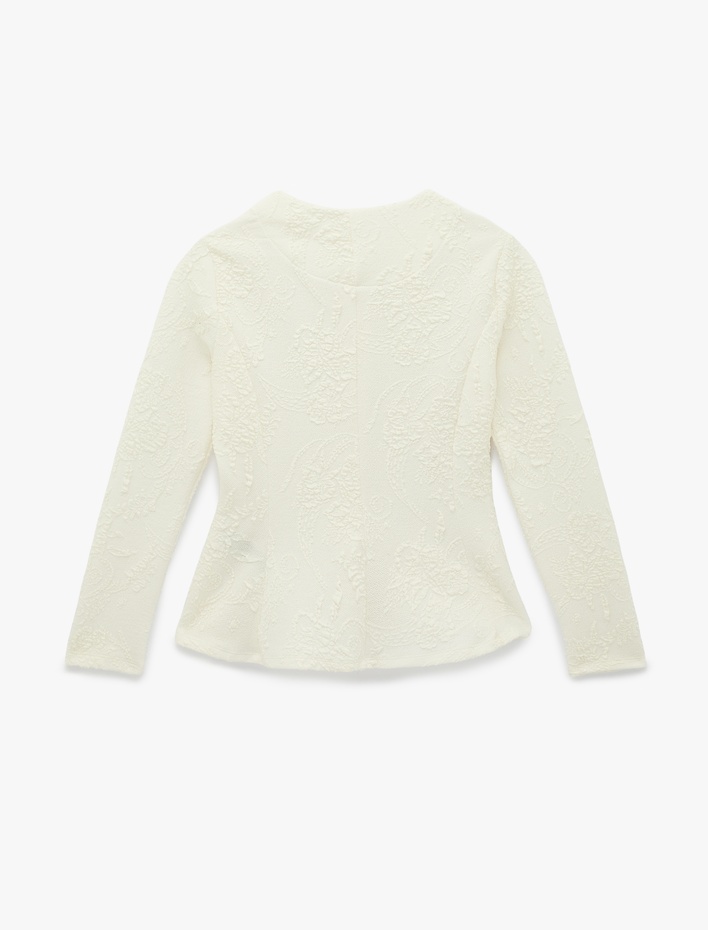  Slim Fit Mücevher Düğme Detaylı Uzun Kollu Bisiklet Yaka Floral Dokulu Hırka