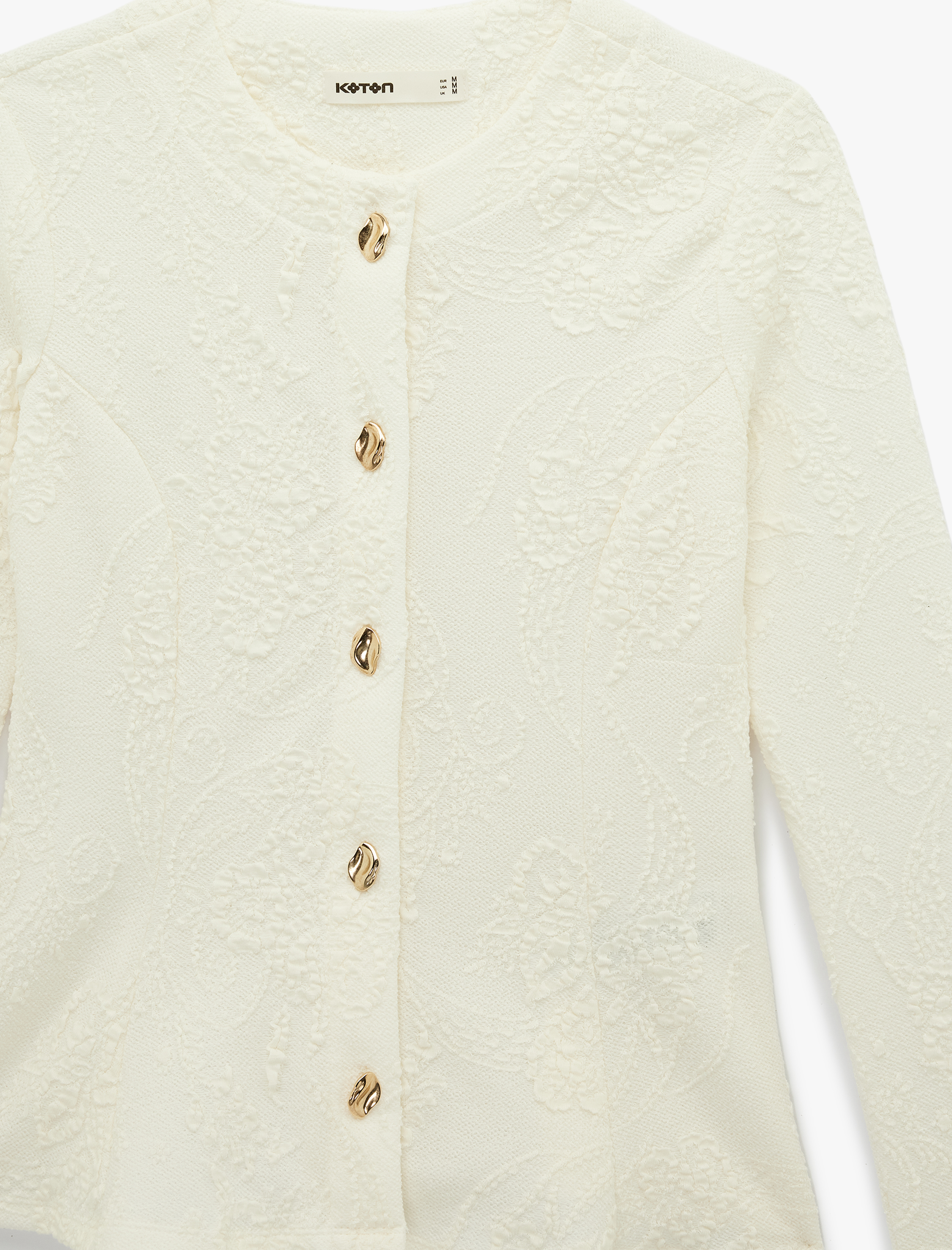   Slim Fit Mücevher Düğme Detaylı Uzun Kollu Bisiklet Yaka Floral Dokulu Hırka