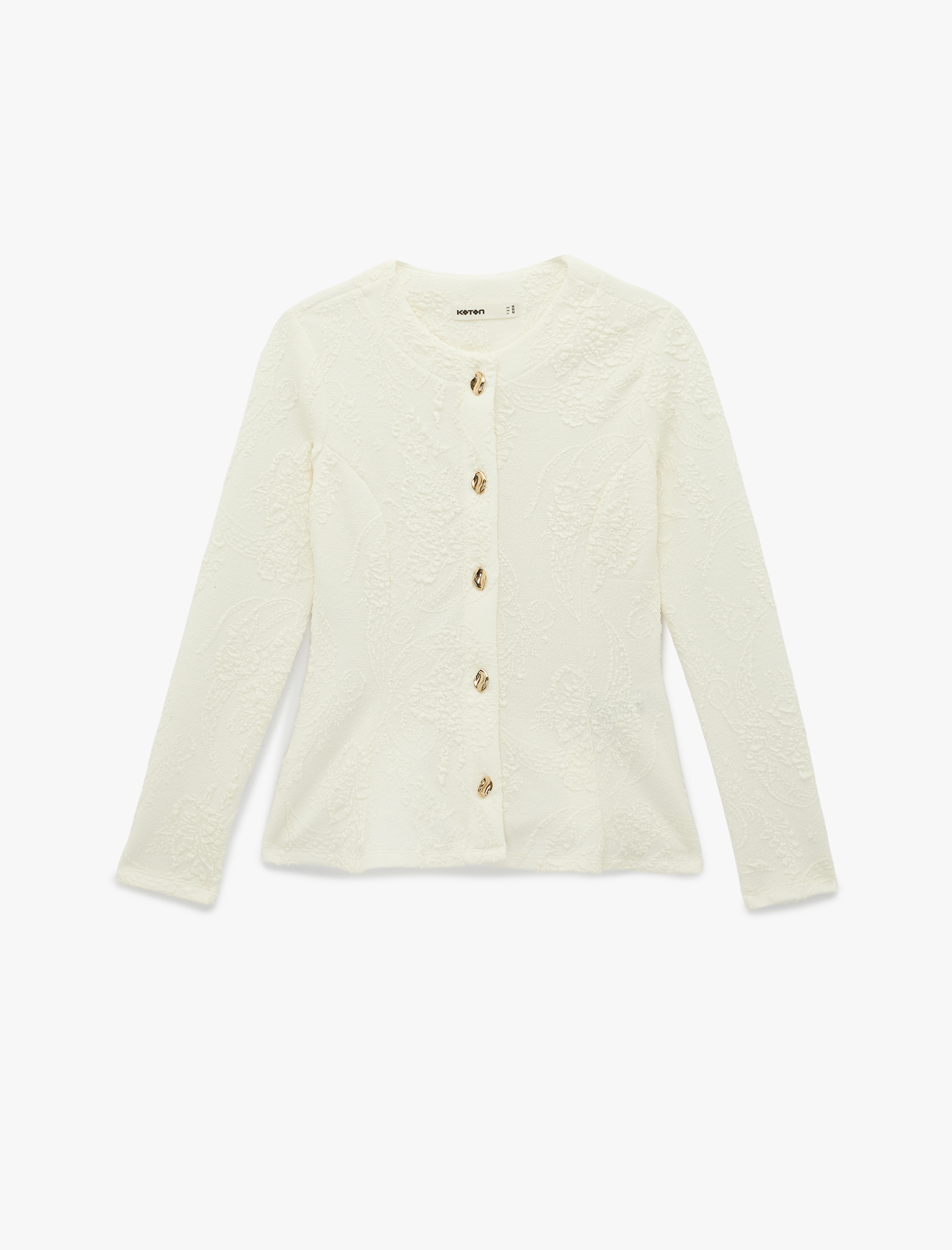   Slim Fit Mücevher Düğme Detaylı Uzun Kollu Bisiklet Yaka Floral Dokulu Hırka