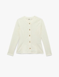 Slim Fit Mücevher Düğme Detaylı Uzun Kollu Bisiklet Yaka Floral Dokulu Hırka