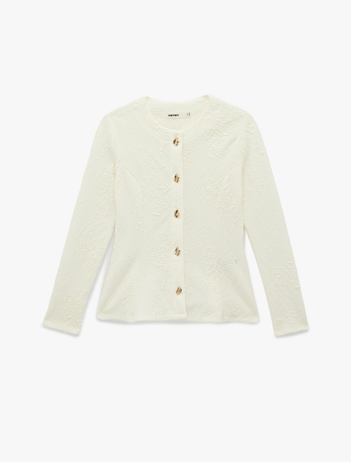  Slim Fit Mücevher Düğme Detaylı Uzun Kollu Bisiklet Yaka Floral Dokulu Hırka