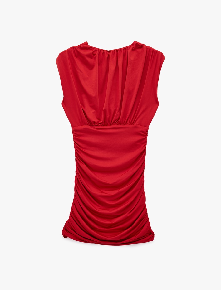  Slim Fit Kolsuz V Yaka Drapeli Mini Elbise