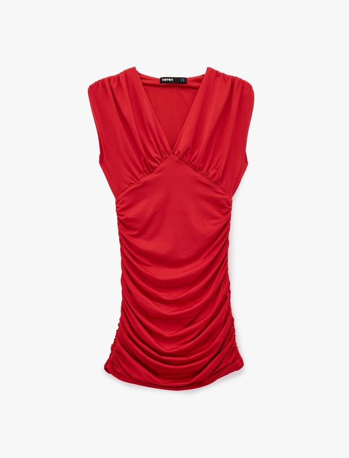  Slim Fit Kolsuz V Yaka Drapeli Mini Elbise