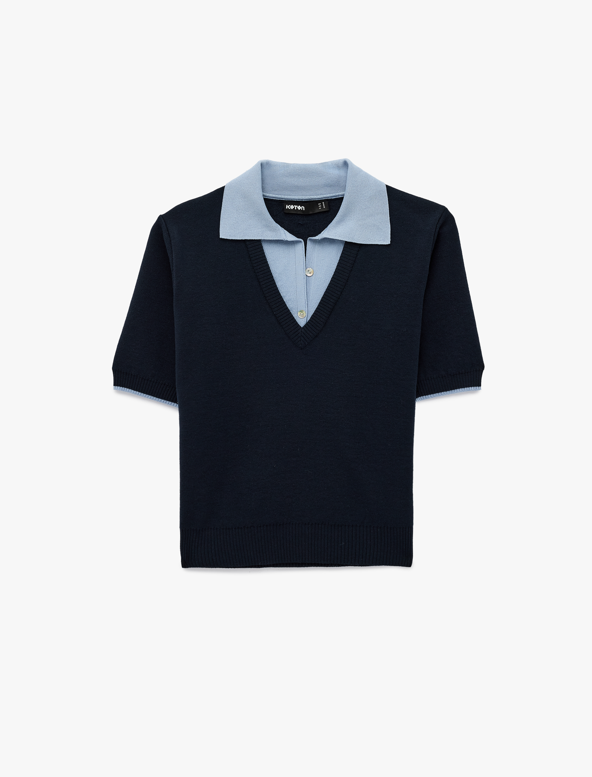   Kısa Kollu Düğmeli Renk Kontrastlı Kombine Polo Yaka Triko Kazak