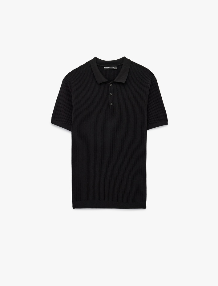  Regular Fit Dokulu Pamuklu Düğmeli Polo Yaka Kısa Kollu Triko Tişört