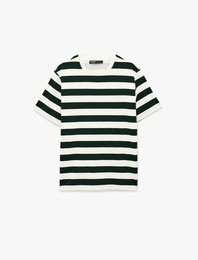 Regular Fit Viskon Karışımlı Kısa Kollu Bisiklet Yaka Çizgili Tişört