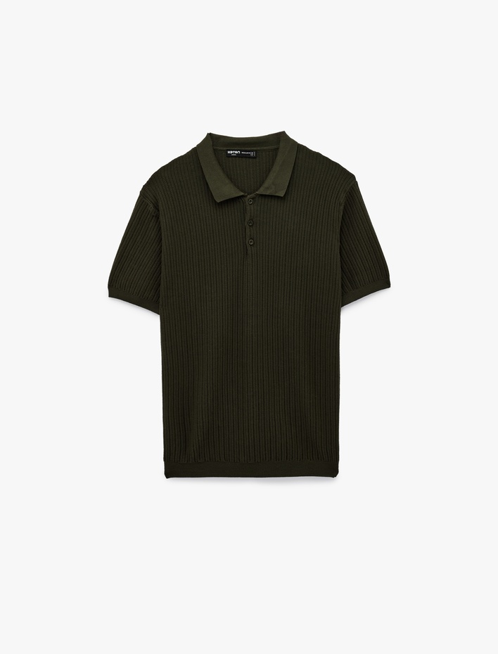  Regular Fit Dokulu Pamuklu Düğmeli Polo Yaka Kısa Kollu Triko Tişört