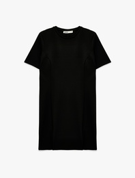 Düşük Omuz Kısa Kollu Bisiklet Yaka Tişört Elbise