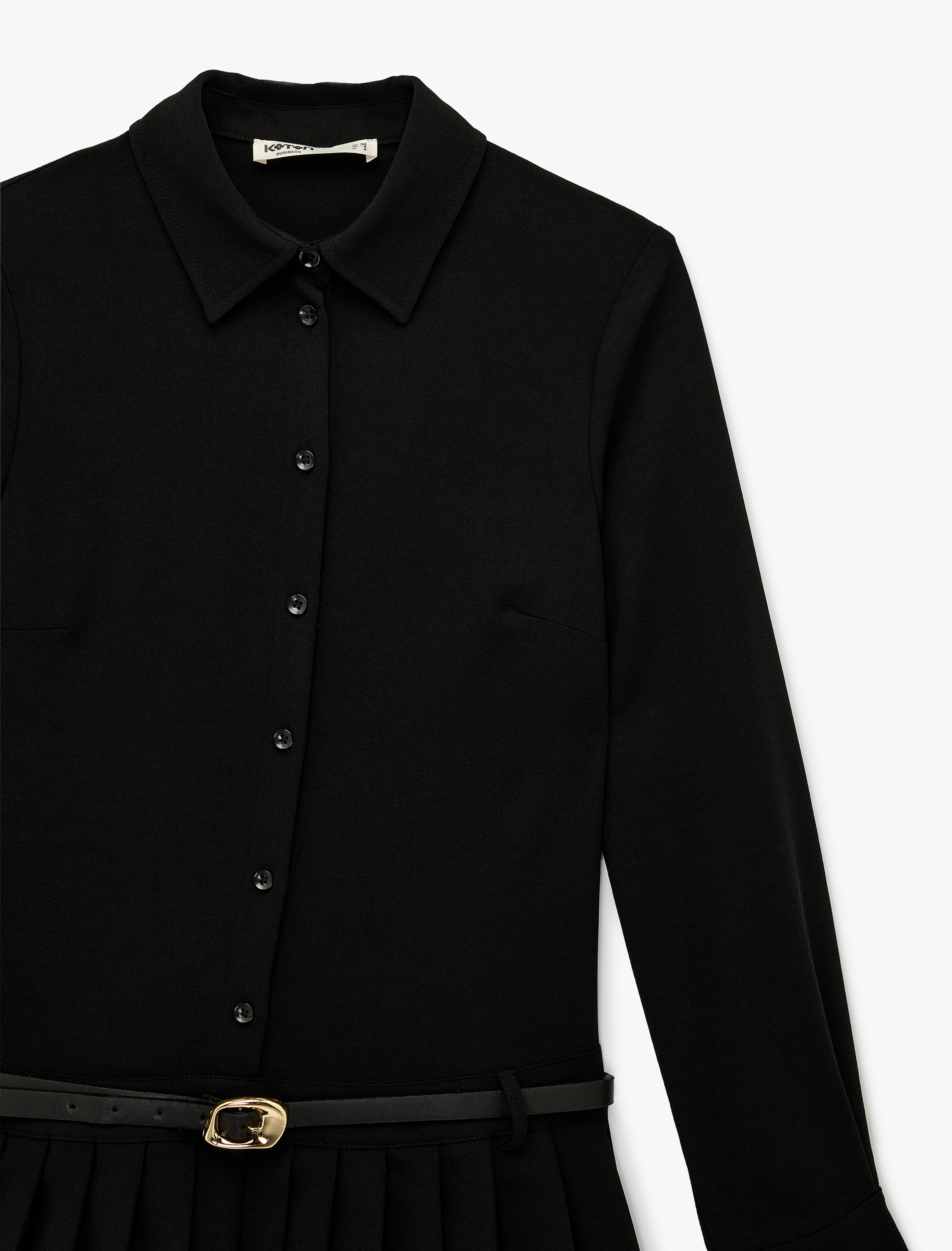   Uzun Kollu Düğmeli Kemer Detaylı Pileli Mini Gömlek Elbise