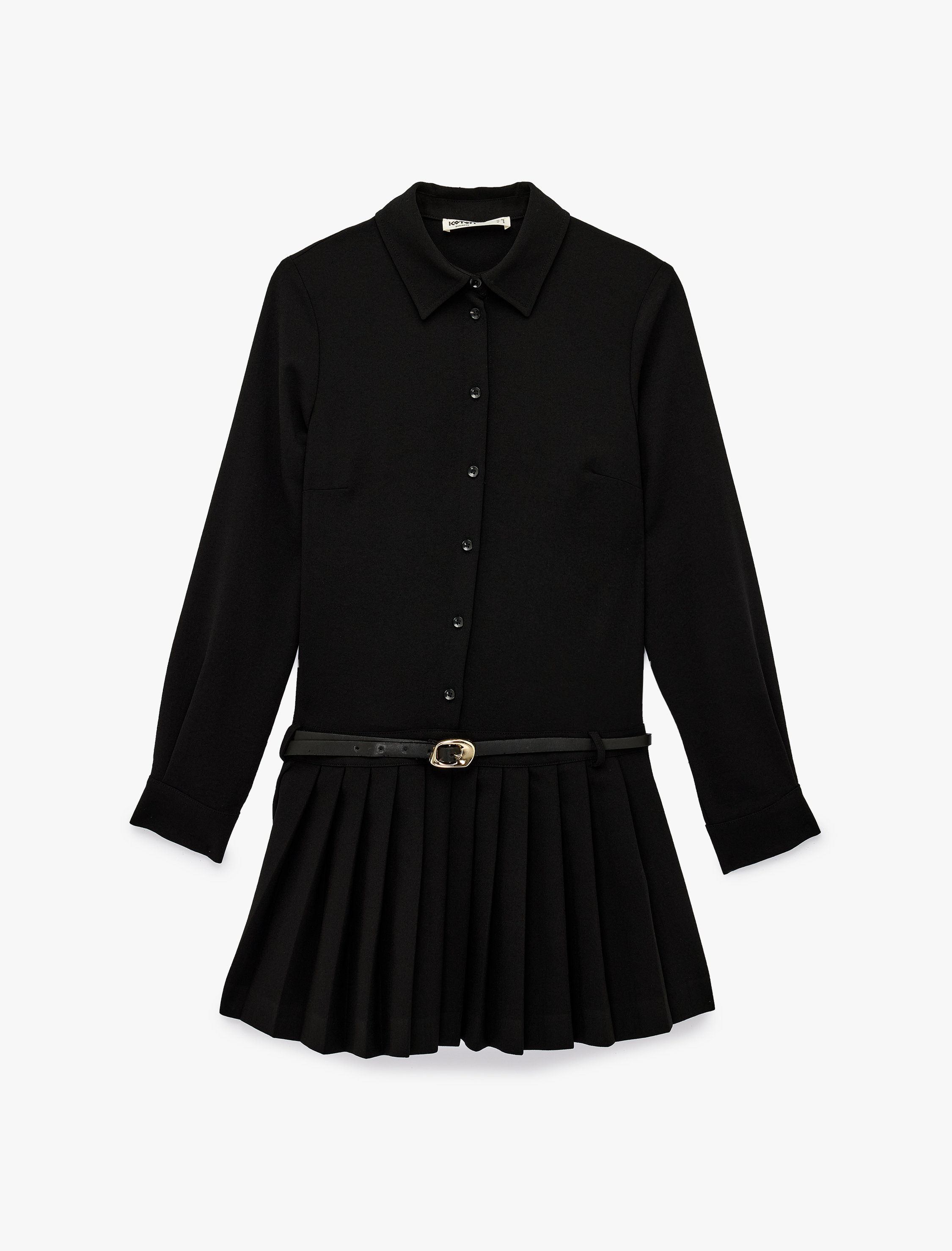   Uzun Kollu Düğmeli Kemer Detaylı Pileli Mini Gömlek Elbise