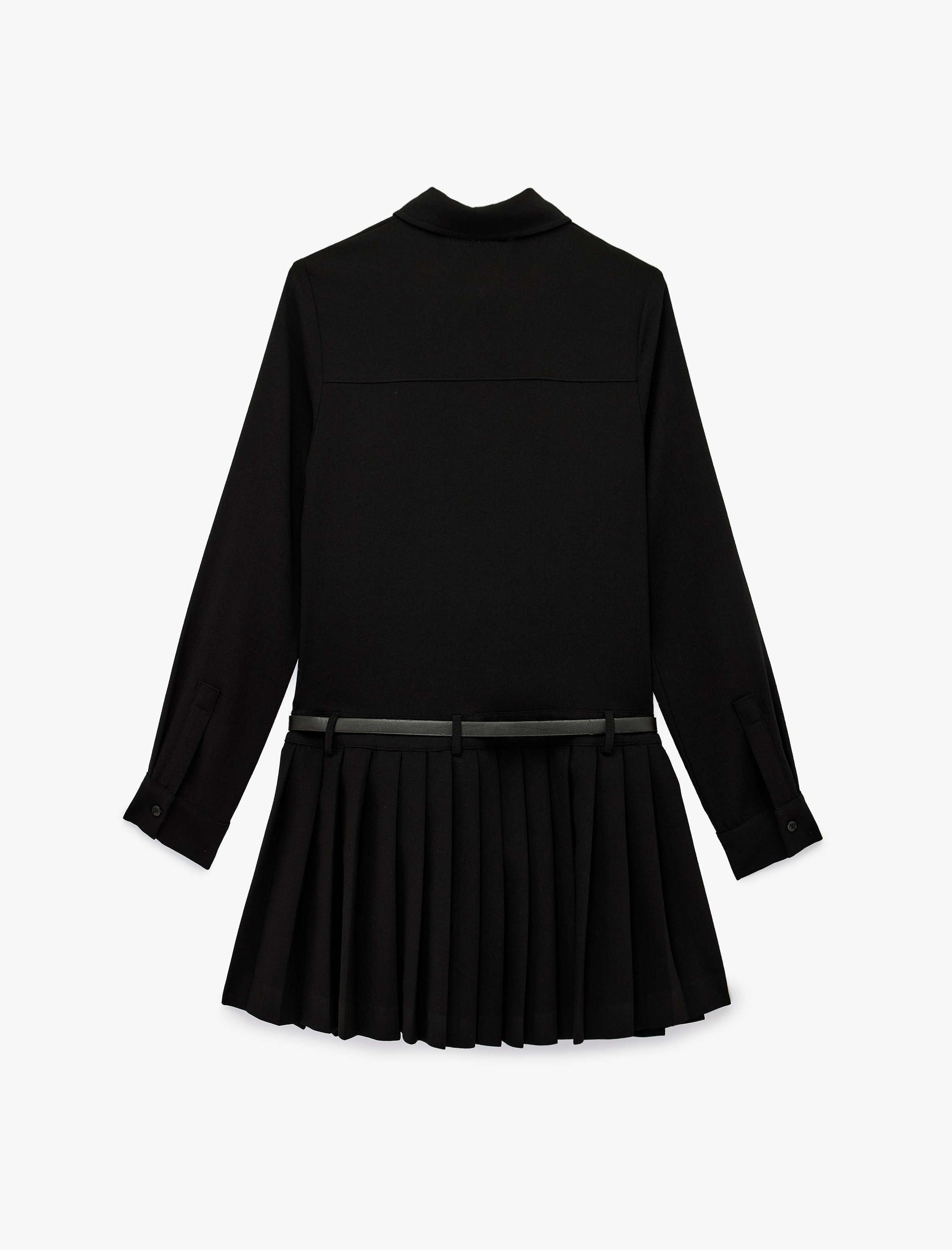   Uzun Kollu Düğmeli Kemer Detaylı Pileli Mini Gömlek Elbise