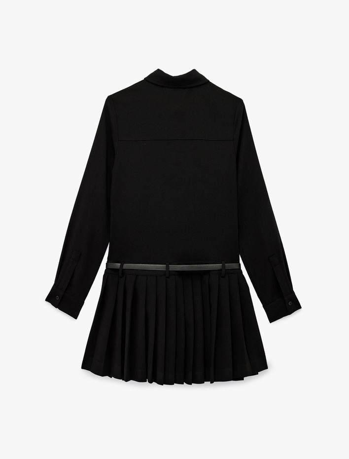  Uzun Kollu Düğmeli Kemer Detaylı Pileli Mini Gömlek Elbise