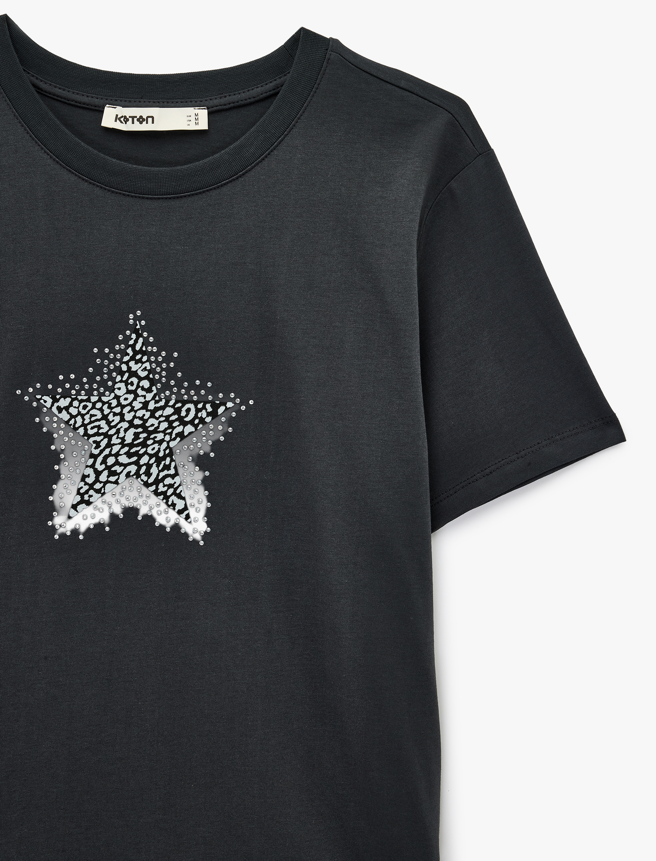   Pamuklu Kısa Kollu Bisiklet Yaka Taşlı Yıldız Baskılı Tişört