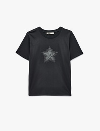 Pamuklu Kısa Kollu Bisiklet Yaka Taşlı Yıldız Baskılı Tişört
