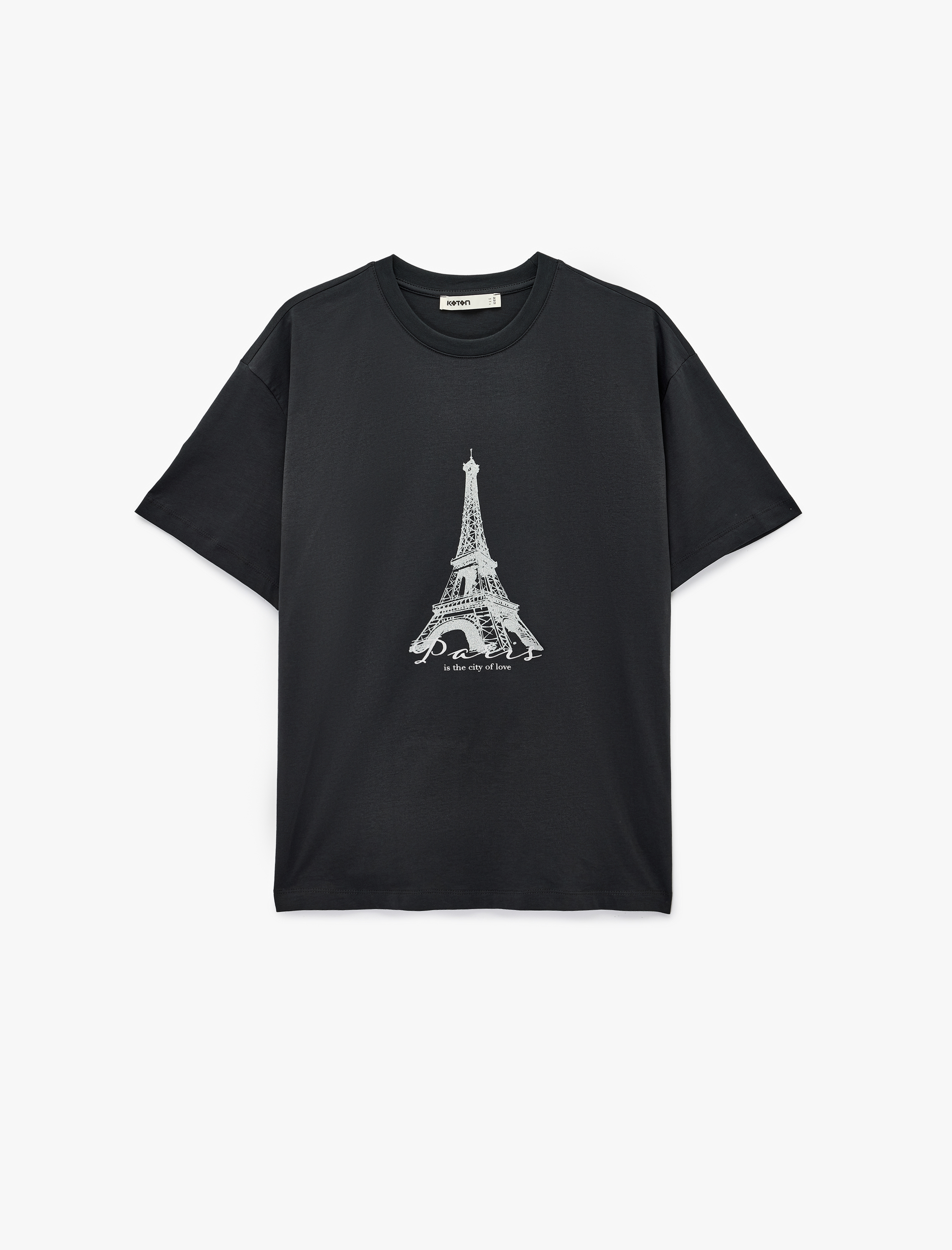   Pamuklu Kısa Kollu Bisiklet Yaka Eyfel Kulesi Baskılı Oversize Tişört