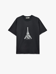 Pamuklu Kısa Kollu Bisiklet Yaka Eyfel Kulesi Baskılı Oversize Tişört