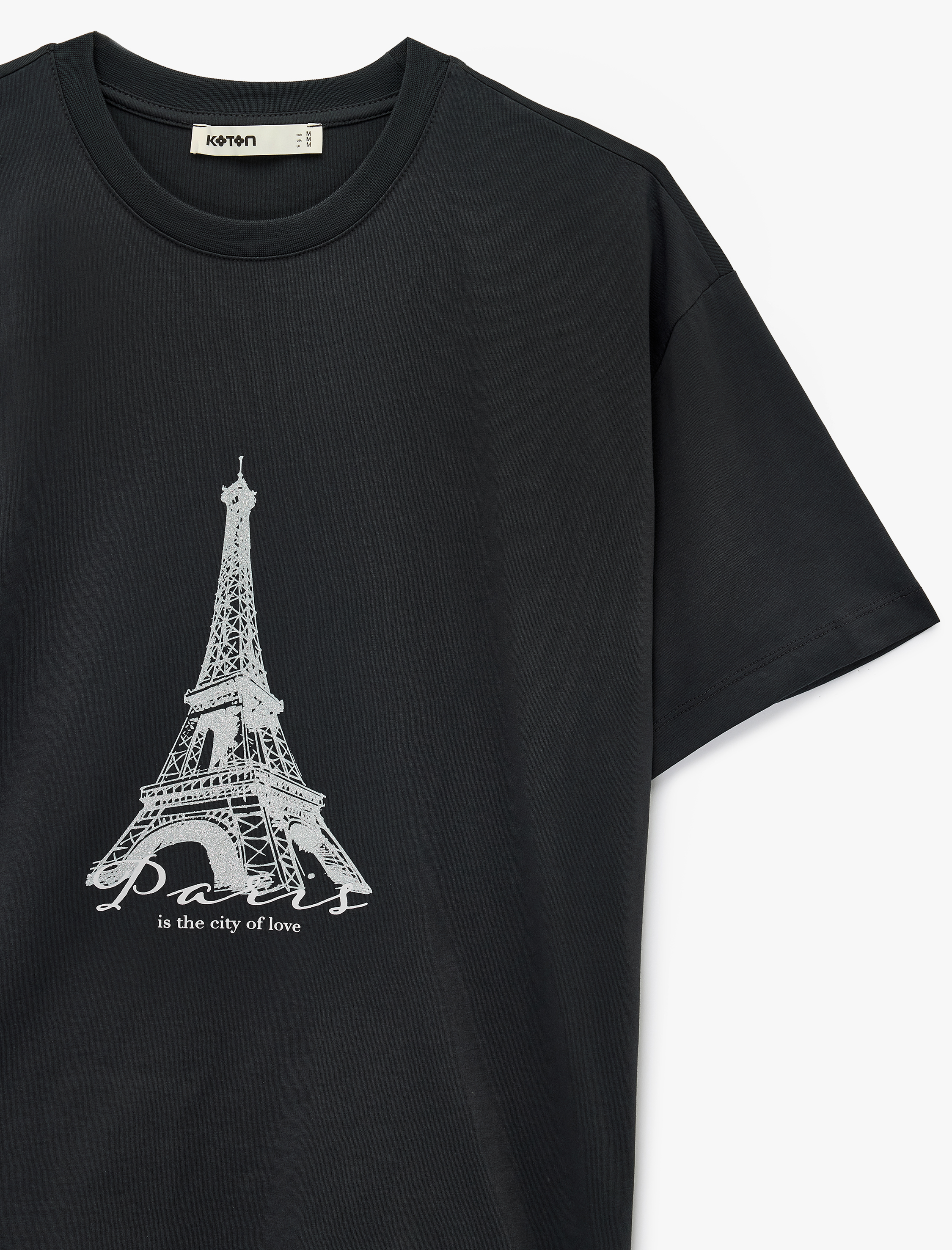   Pamuklu Kısa Kollu Bisiklet Yaka Eyfel Kulesi Baskılı Oversize Tişört