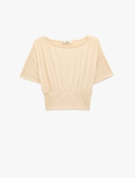 Kısa Kollu Viskon Karışımlı Kayık Yaka Crop Tişört
