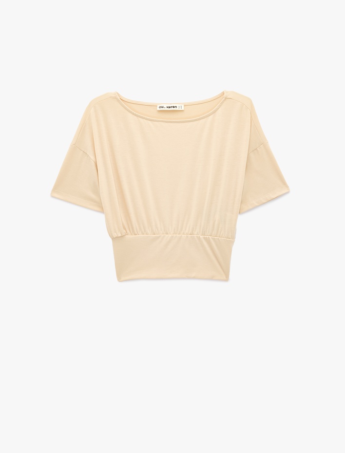  Kısa Kollu Viskon Karışımlı Kayık Yaka Crop Tişört