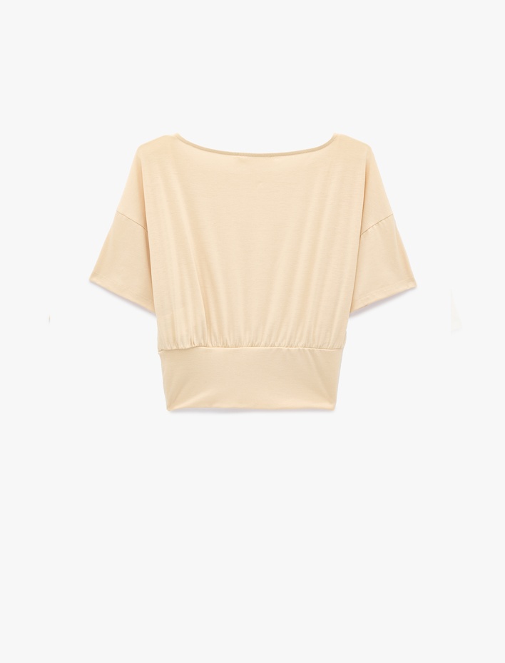  Kısa Kollu Viskon Karışımlı Kayık Yaka Crop Tişört