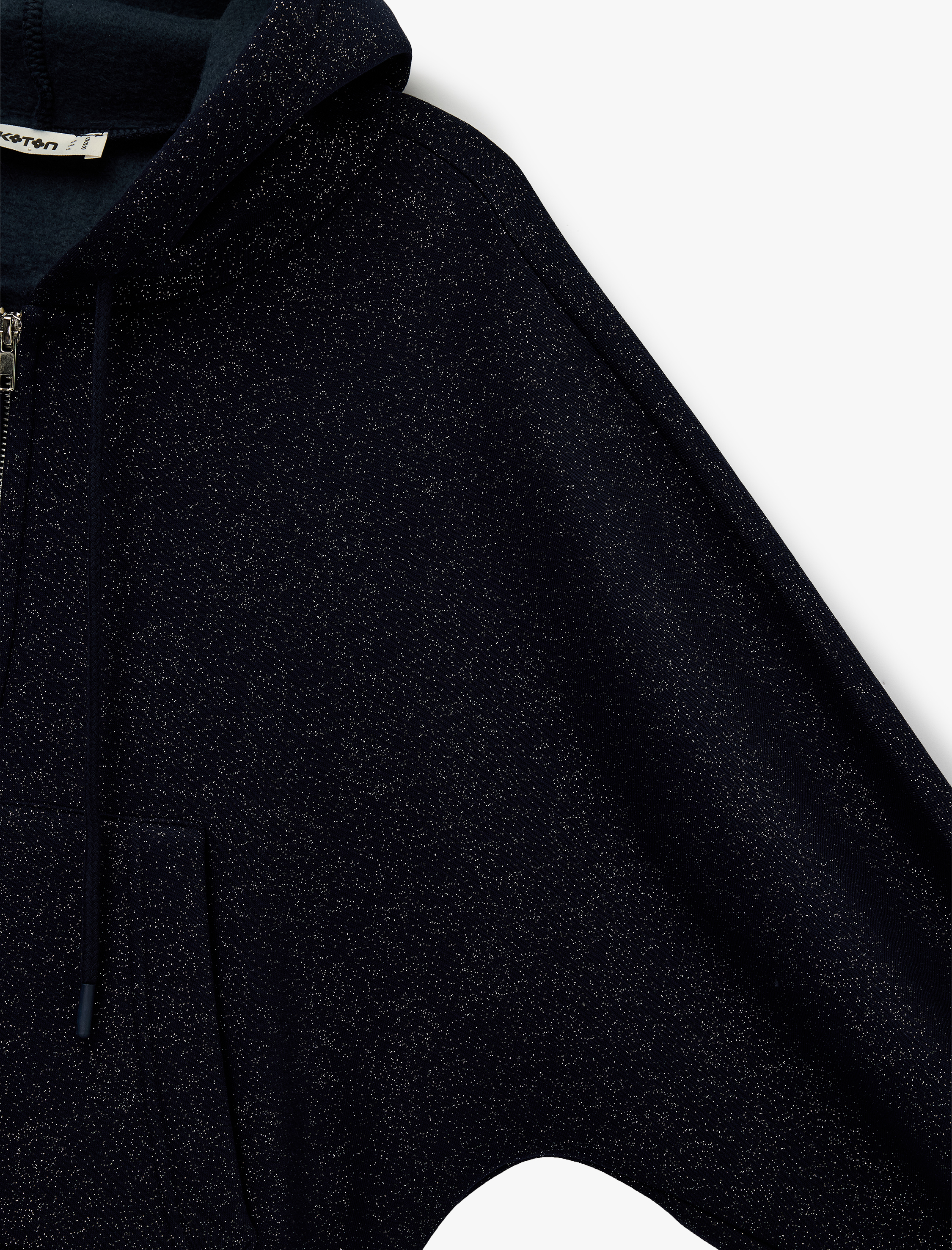   Şardonlu Balon Kol Simli Kanguru Cepli Kapüşonlu Fermuarlı Oversize Sweatshirt