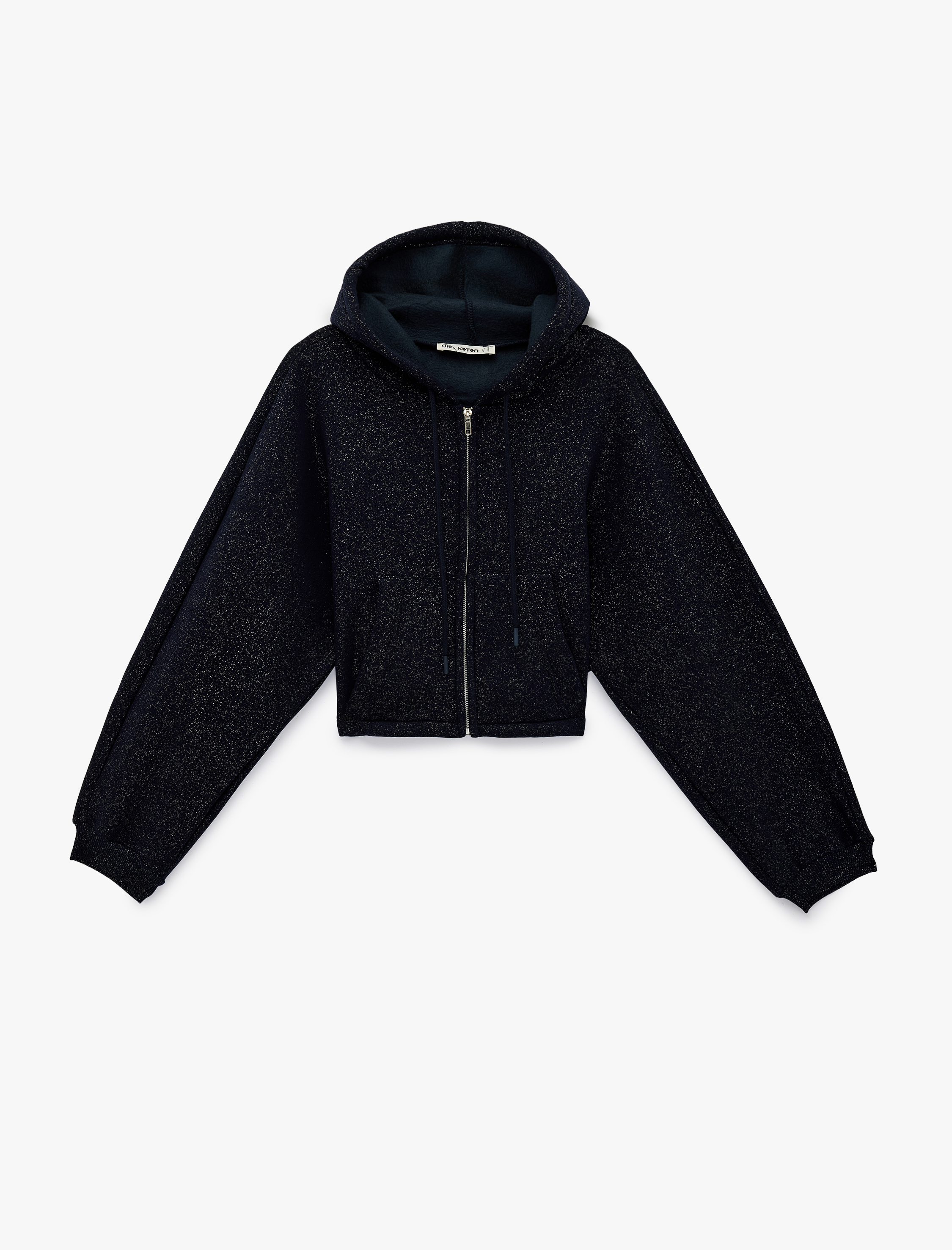   Şardonlu Balon Kol Simli Kanguru Cepli Kapüşonlu Fermuarlı Oversize Sweatshirt