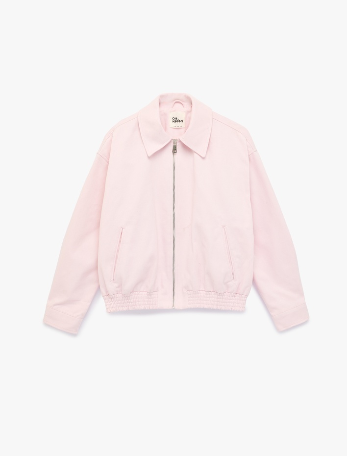  Klasik Yaka Cep Detaylı  Pamuklu Fermuarlı Ceket