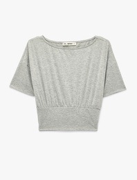 Kısa Kollu Viskon Karışımlı Kayık Yaka Crop Tişört