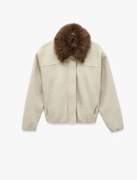 Uzun Kollu Cepli Çıkarılabilir Suni Kürk Yakalı Bomber Ceket