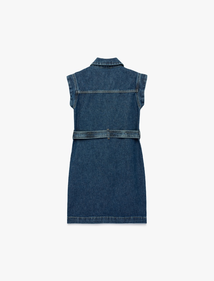 Kız Çocuk Pamuklu Kolsuz Kuşak Detaylı Gömlek Yaka Denim Elbise