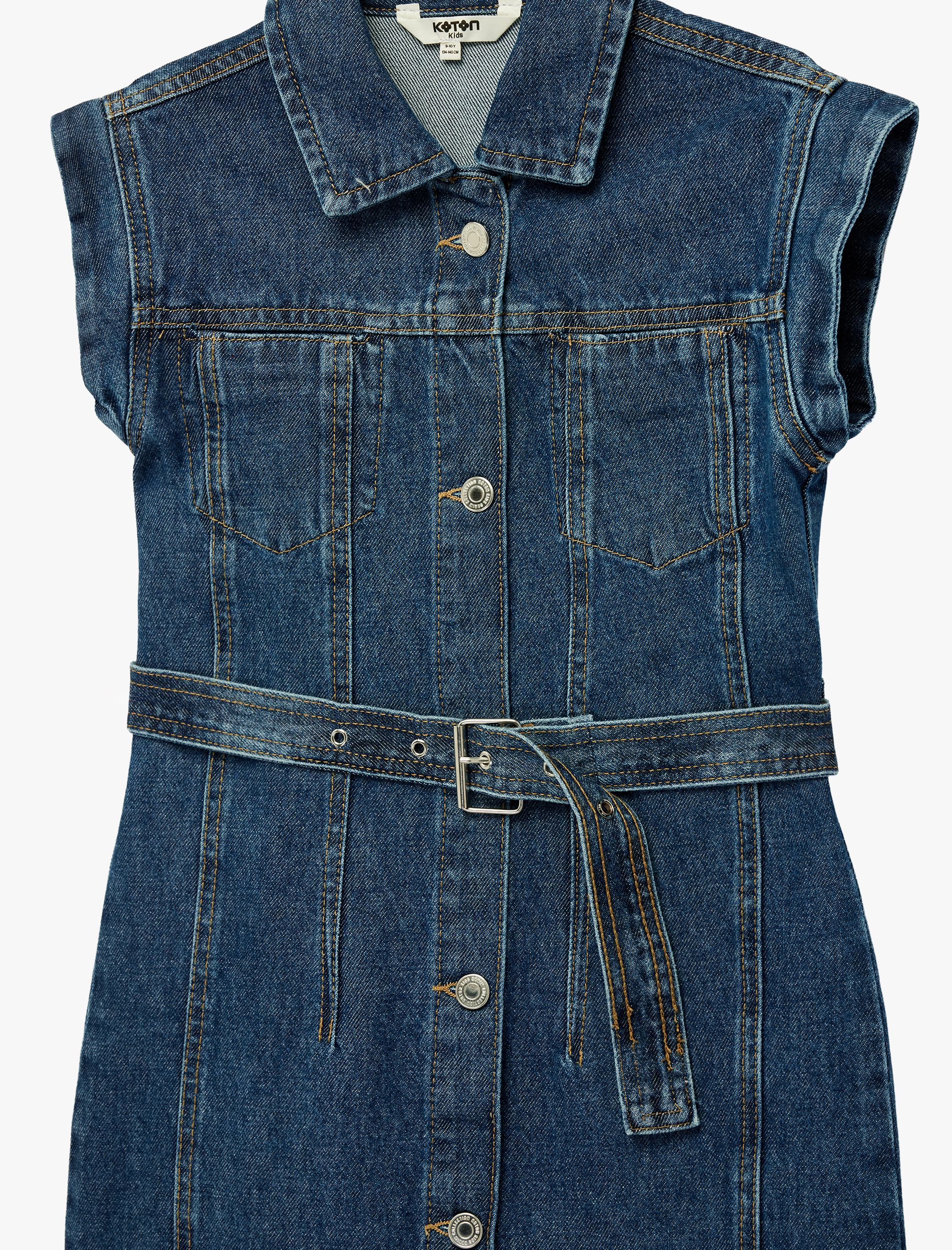  Kız Çocuk Pamuklu Kolsuz Kuşak Detaylı Gömlek Yaka Denim Elbise