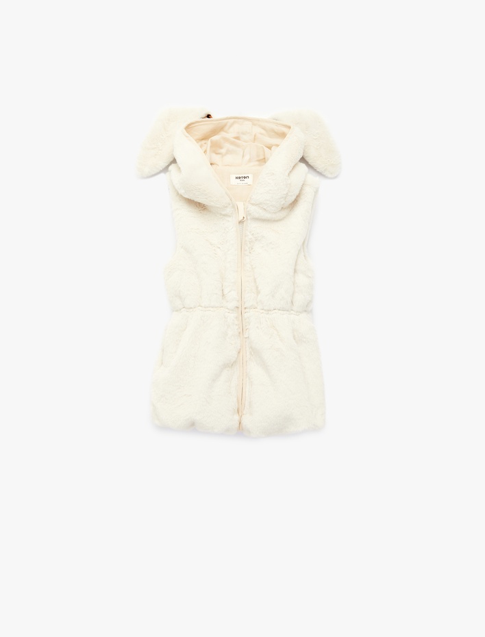 Kız Çocuk Tavşan Kulak Detaylı Kolsuz Kapüşonlu Kürk Görünümlü Yelek