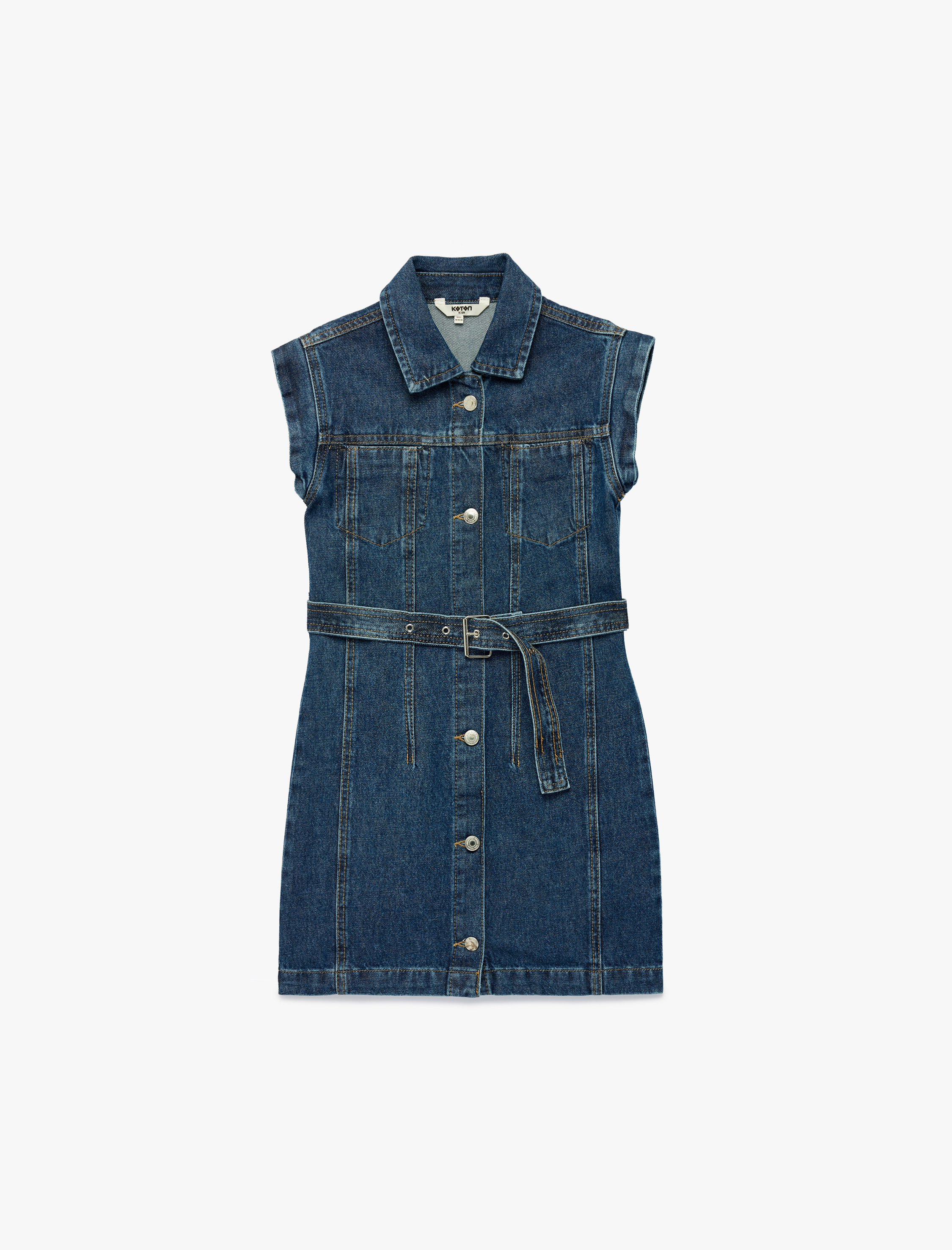 Kız Çocuk Pamuklu Kolsuz Kuşak Detaylı Gömlek Yaka Denim Elbise