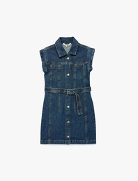 Pamuklu Kolsuz Kuşak Detaylı Gömlek Yaka Denim Elbise