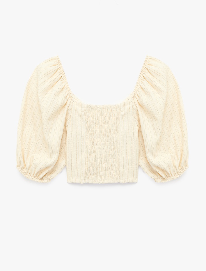 Kız Çocuk Pamuklu Kalp Yaka Fiyonk Detaylı Kısa Kollu Gipeli Balon Kol Bluz