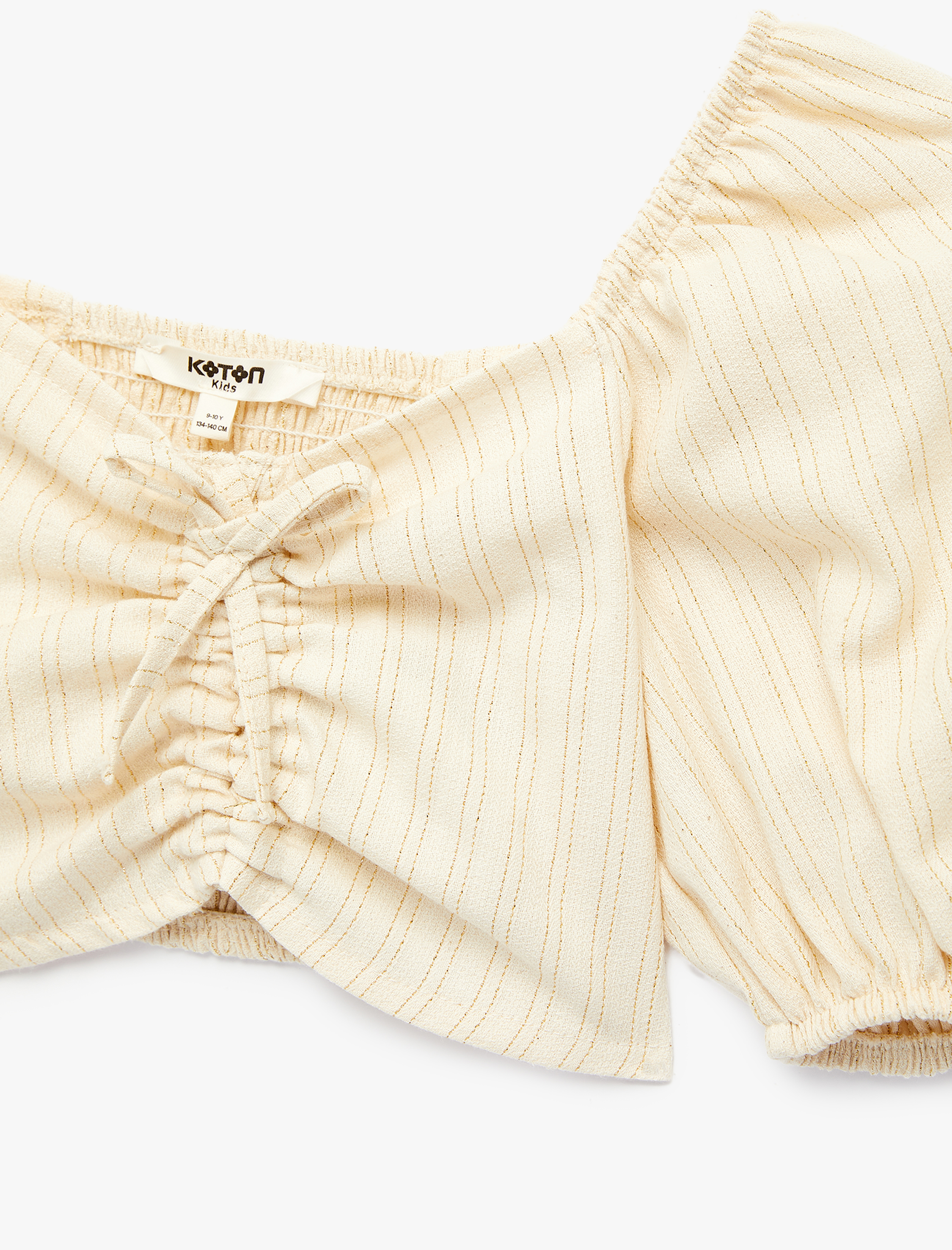  Kız Çocuk Pamuklu Kalp Yaka Fiyonk Detaylı Kısa Kollu Gipeli Balon Kol Bluz