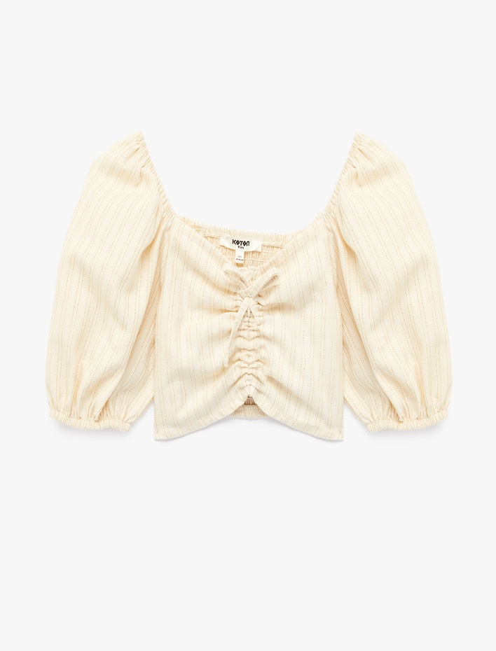 Kız Çocuk Pamuklu Kalp Yaka Fiyonk Detaylı Kısa Kollu Gipeli Balon Kol Bluz