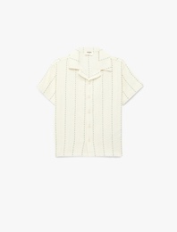 Pamuklu Devrik Yaka Çizgili Kısa Kollu Gömlek