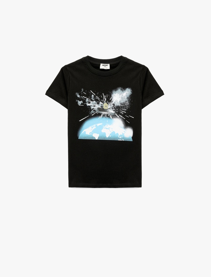 Erkek Çocuk Pamuklu Kısa Kollu Bisiklet Yaka Baskılı Tişört