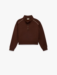 Dik Yaka Uzun Kollu Modal Karışımlı Yarım Fermuarlı Crop Sweatshirt