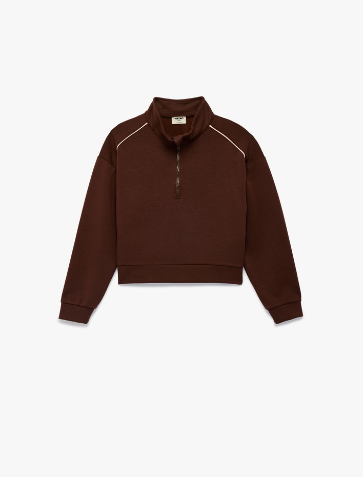 Kız Çocuk Dik Yaka Uzun Kollu Modal Karışımlı Yarım Fermuarlı Crop Sweatshirt