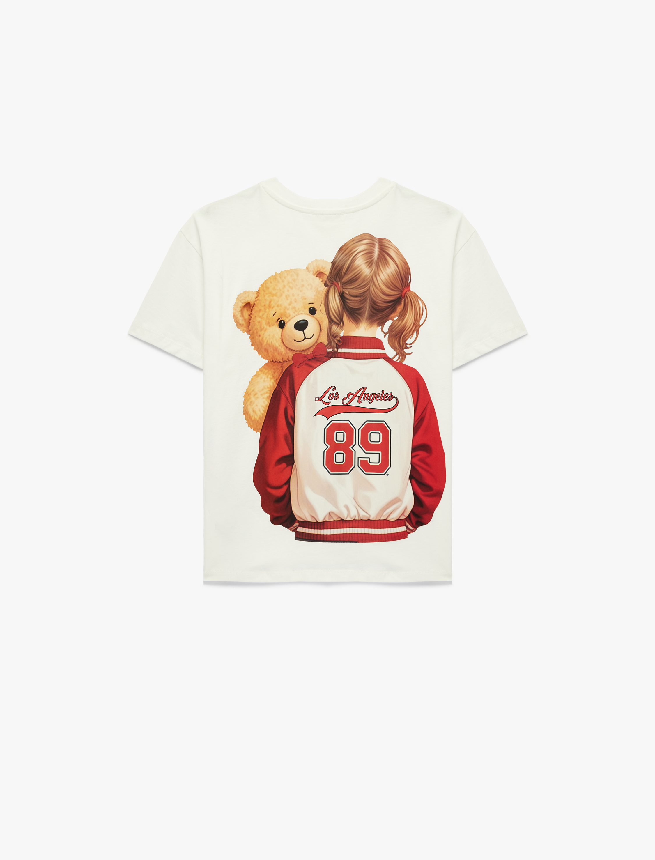  Kız Çocuk Ayıcık Baskılı Bisiklet Yaka Kısa Kollu Pamuklu Tişört