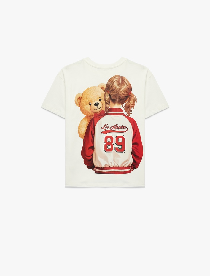 Kız Çocuk Ayıcık Baskılı Bisiklet Yaka Kısa Kollu Pamuklu Tişört