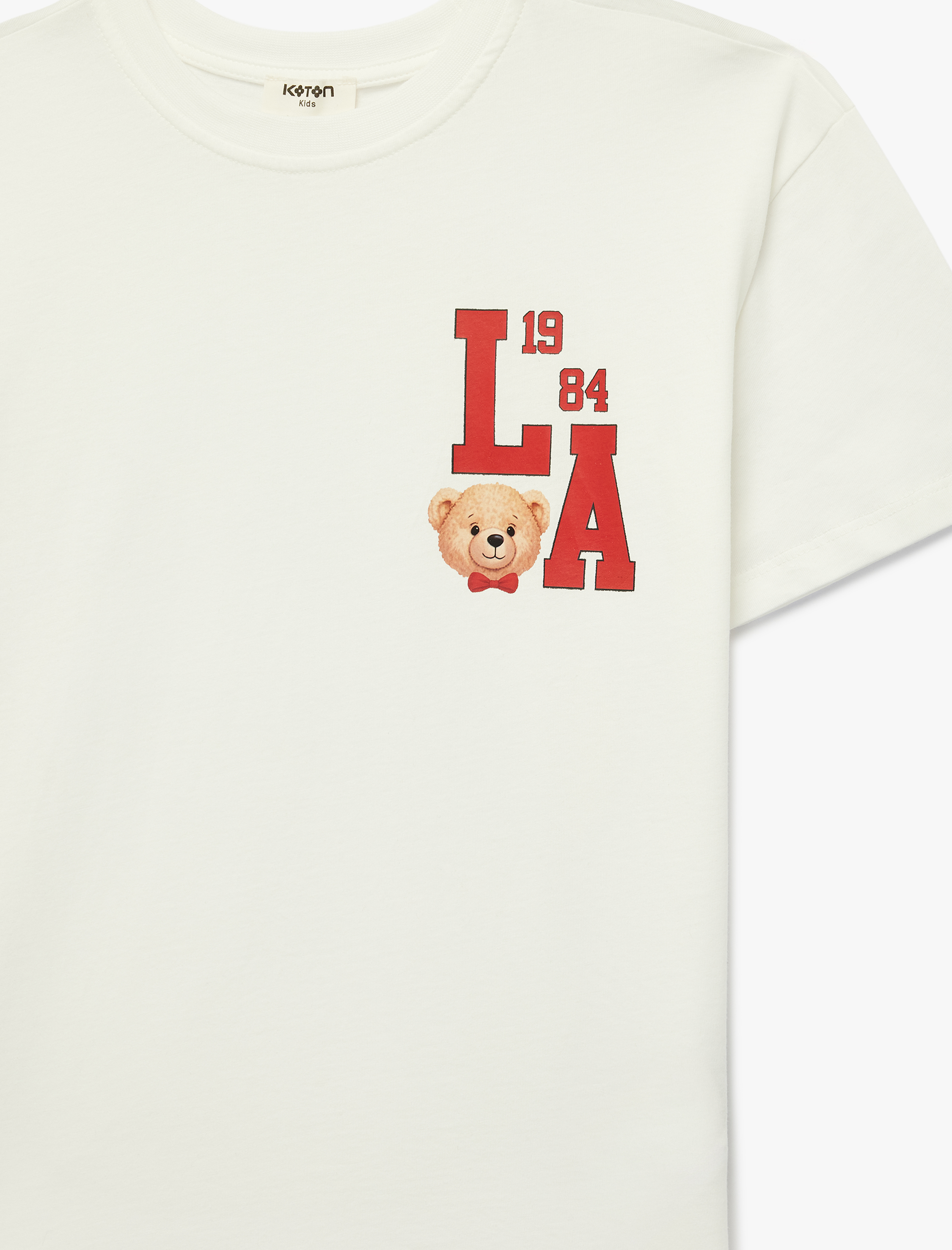  Kız Çocuk Ayıcık Baskılı Bisiklet Yaka Kısa Kollu Pamuklu Tişört