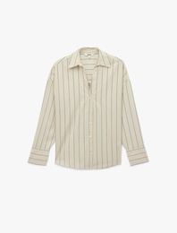 Pamuklu Regular Fit Uzun Kollu Düğmeli Çizgili Poplin Gömlek