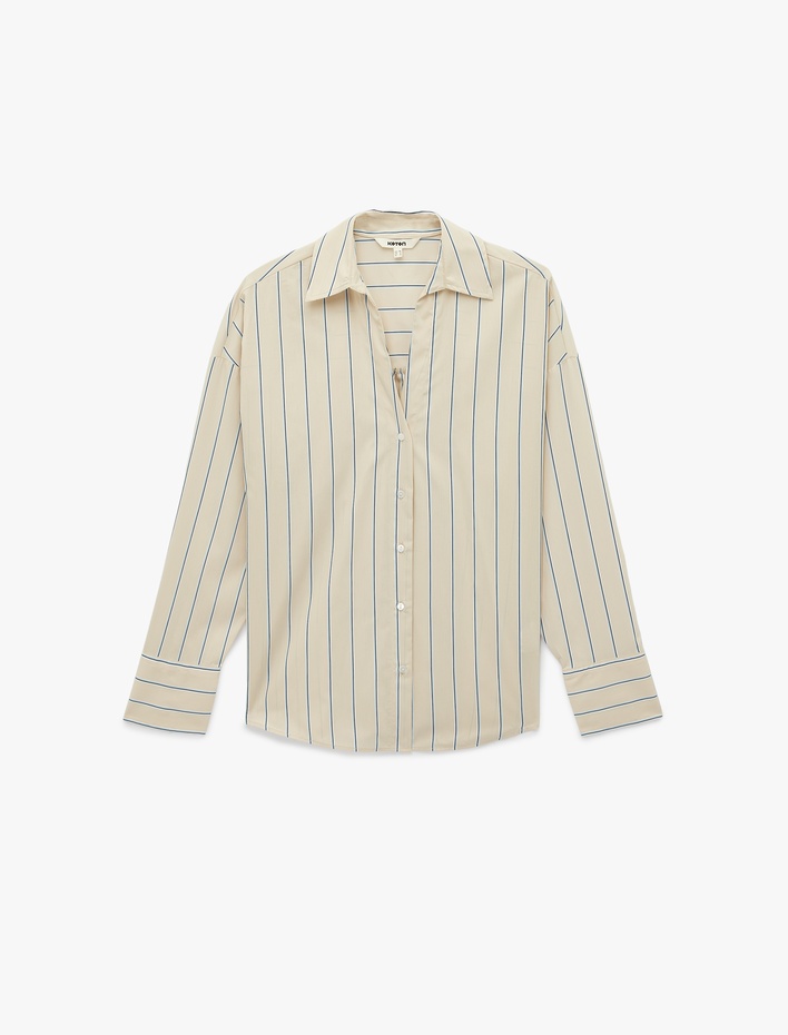  Pamuklu Regular Fit Uzun Kollu Düğmeli Çizgili Poplin Gömlek