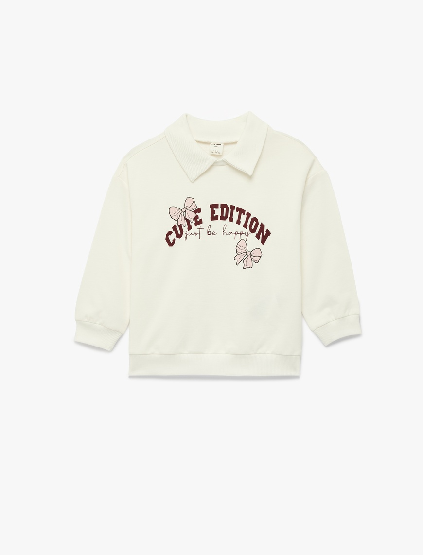 Koton Kız Bebek Pamuklu Fiyonk Baskılı Şardonlu Uzun Kollu Polo Yaka Sweatshirt