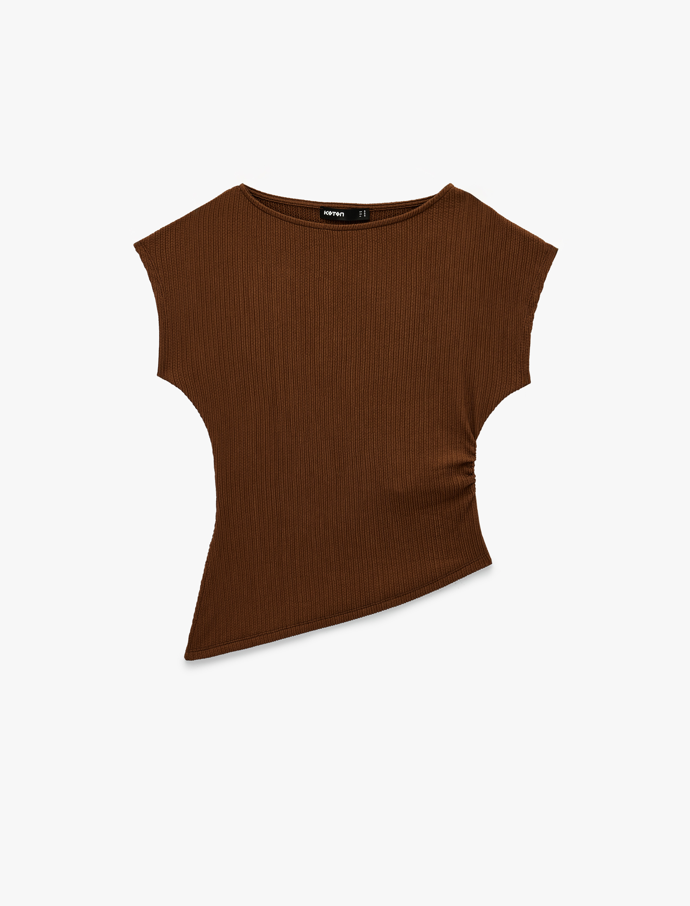   Drape Detaylı Kayık Yuvarlak Yaka Kolsuz Desenli Bluz