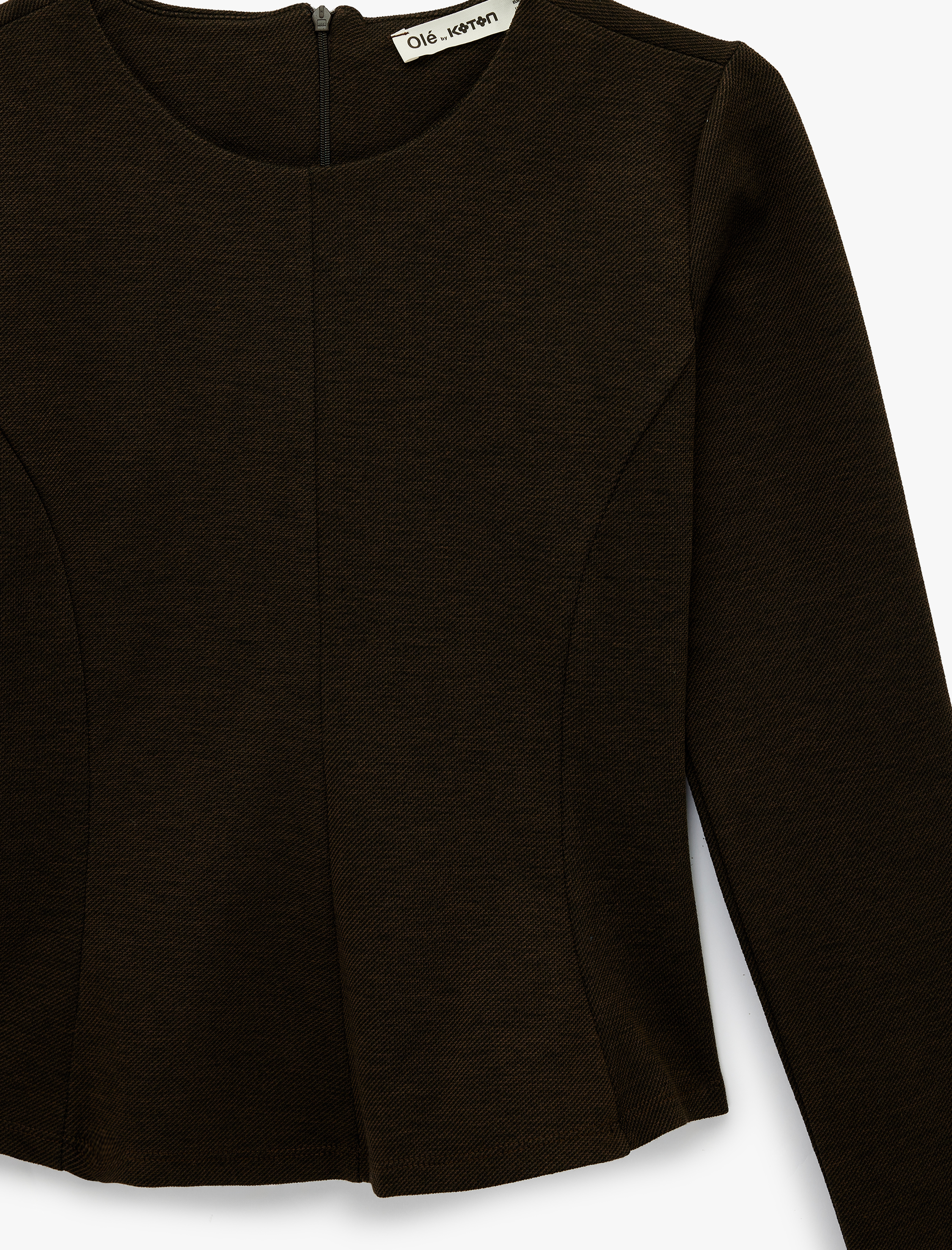   Nervürlü Fermuarlı Uzun Kollu Bisiklet Yaka Peplum Tişört